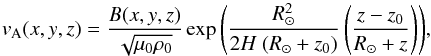\begin{equation} v_{\rm A}(x, y, z) = \frac{B(x, y, z)}{\sqrt{\mu_0 \rho_0}} \exp{\left( \frac{R_{\odot}^2}{2H~(R_{\odot} + z_0)} \left( \frac{z - z_0}{R_{\odot} + z} \right)\right)}, \label{eq:vagz} \end{equation}