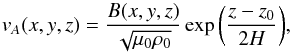 \appendix \setcounter{section}{1} \begin{equation} v_A(x, y, z) = \frac{B(x, y, z)}{\sqrt{\mu_0 \rho_0}} \exp{\left( \frac{z - z_0}{2H} \right)}, \label{eq:va} \end{equation}