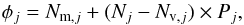 \begin{equation} {\rm \phi}_j=N_{{\rm m},j}+(N_{j}-N_{{\rm v},j}) \times P_{j}, \label{eq_lf} \end{equation}