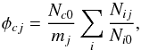 \begin{equation} \phi_{cj}=\frac{N_{c0}}{m_j}\sum_i \frac{N_{ij}}{N_{i0}}, \label{eq_stacking} \end{equation}