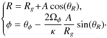 \begin{eqnarray} \begin{cases} \displaystyle R = R_{g} \!+\! A \cos (\theta_{R}) , \\ \displaystyle \phi = \theta_{\phi} - \frac{2 \Omega_{\phi}}{\kappa} \frac{A}{R_{g}} \sin (\theta_{R}) \cdot \end{cases} \label{mapping_action} \end{eqnarray}