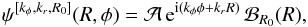 \begin{eqnarray} \psi^{[k_{\phi} , k_{r} , R_{0}]} (R , \phi) = \mathcal{A} \, {\rm e}^{{\rm i} (k_{\phi} \phi + k_{r} R)} \, \mathcal{B}_{R_{0}} (R), \label{definition_WKB_basis} \end{eqnarray}