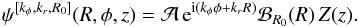 \begin{eqnarray} \psi^{[k_{\phi} , k_{r} , R_{0}]} (R , \phi ,z) = \mathcal{A} \, {\rm e}^{{\rm i} (k_{\phi} \phi + k_{r} R)} \mathcal{B}_{R_{0}} (R) \, Z (z) . \label{ansatz_WKB_potential} \end{eqnarray}