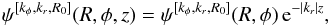 \begin{eqnarray} \psi^{[k_{\phi} , k_{r} , R_{0}]} (R , \phi , z) = \psi^{[k_{\phi} , k_{r} , R_{0}]} (R , \phi) \, {\rm e}^{- |k_{r}| z}, \label{ansatz_WKB_potential_final} \end{eqnarray}