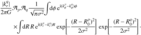 \begin{eqnarray} \frac{|k_{r}^{q}|}{2 \pi G} && \mathcal{A}_{p} \mathcal{A}_{q} \frac{1}{\sqrt{\pi \sigma^{2}}} \!\! \int \!\! \mathrm{d} \phi \, {\rm e}^{{\rm i} (k_{\phi}^{p} - k_{\phi}^{q}) \phi}\nonumber \\ && \times \!\! \int \!\! \mathrm{d} R \, R \, {\rm e}^{{\rm i} (k_{r}^{p} - k_{r}^{q}) R} \exp \!\left[\! - \frac{(R - R_{0}^{p})^{2}}{2 \sigma^{2}} \!\right] \, \exp \!\left[\! - \frac{(R - R_{0}^{q})^{2}}{2 \sigma^{2}} \!\right] \cdot \label{calculation_biorthogonality_I} \end{eqnarray}