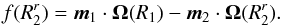 \begin{eqnarray} f (R_{2}^{r}) = {\vec m}_{1} \cdot {\vec \Omega} (R_{1}) - {\vec m}_{2} \cdot {\vec \Omega} (R_{2}^{r}) . \label{definition_f_R2r} \end{eqnarray}