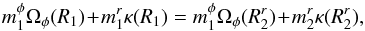 \begin{eqnarray} m_{1}^{\phi} \Omega_{\phi} (R_{1}) \!+\! m_{1}^{r} \kappa (R_{1}) = m_{1}^{\phi} \Omega_{\phi} (R_{2}^{r}) \!+\! m_{2}^{r} \kappa (R_{2}^{r}) , \label{statement_resonance} \end{eqnarray}