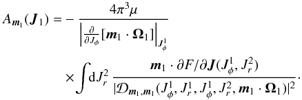 \begin{eqnarray} A_{{\vec m}_{1}} ({\vec J}_{1}) &= & - \frac{4 \pi^{3} \mu}{\left| \frac{\partial }{\partial J_{\phi}} [{\vec m}_{1} \cdot {\vec \Omega}_{1}] \right|_{J_{\phi}^{1}}} \nonumber \\ && \times \, \!\! \int \!\! \mathrm{d} J_{r}^{2} \, \frac{{\vec m}_{1} \cdot \partial F / \partial {\vec J} (J_{\phi}^{1} , J_{r}^{2}) }{|\mathcal{D}_{{\vec m}_{1} , {\vec m}_{1}} (J_{\phi}^{1} , J_{r}^{1} , J_{\phi}^{1} , J_{r}^{2} , {\vec m}_{1} \cdot {\vec \Omega}_{1}) |^{2}} \cdot \label{WKB_drift} \end{eqnarray}
