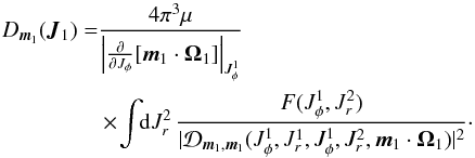 \begin{eqnarray} D_{{\vec m}_{1}} ({\vec J}_{1}) &= & \frac{4 \pi^{3} \mu}{\left| \frac{\partial }{\partial J_{\phi}} [{\vec m}_{1} \cdot {\vec \Omega}_{1}] \right|_{J_{\phi}^{1}}} \nonumber \\ & &\times \, \!\! \int \!\! \mathrm{d} J_{r}^{2} \, \frac{F (J_{\phi}^{1} , J_{r}^{2})}{|\mathcal{D}_{{\vec m}_{1} , {\vec m}_{1}} (J_{\phi}^{1} , J_{r}^{1} , J_{\phi}^{1} , J_{r}^{2} , {\vec m}_{1} \cdot {\vec \Omega}_{1}) |^{2}} \cdot \label{WKB_diff} \end{eqnarray}