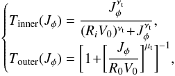 \begin{eqnarray} \begin{cases} \displaystyle T_{\rm inner} (J_{\phi}) = \frac{J_{\phi}^{\nu_{\rm t}}}{(R_{i} V_{0})^{\nu_{\rm t}} \!+\! J_{\phi}^{\nu_{\rm t}}} , \\ \displaystyle T_{\rm outer} (J_{\phi}) = \bigg[ 1 \!+\! \bigg[ \frac{J_{\phi}}{R_{0} V_{0}} \bigg]^{\mu_{\rm t}} \bigg]^{-1} , \end{cases} \label{definition_tapering_functions} \end{eqnarray}
