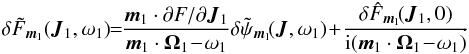 \appendix \setcounter{section}{1} \begin{eqnarray} \delta \tilde{F}_{{\vec m}_{1}}( {\vec J}_{1} , \omega_{1})\! \!=\!\! \frac{{\vec m}_{1} \cdot \partial F / \partial {\vec J}_{1}}{{\vec m}_{1} \cdot {\vec \Omega}_{1} \!- \! \omega_{1}} \delta \tilde{\psi}_{{\vec m}_{1}}\! ({\vec J} , \omega_{1}) \!+\! \frac{\delta \hat{F}_{{\vec m}_{1}} \!({\vec J}_{1} , 0)}{{\rm i} ({\vec m}_{1} \cdot {\vec \Omega}_{1} \! -\! \omega_{1})} \! \!\cdot~ \label{calculation_evolution_fast_I_derivation} \end{eqnarray}