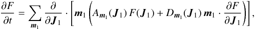 \begin{eqnarray} \frac{\partial F}{\partial t} = \sum_{{\vec m}_{1}} \frac{\partial }{\partial {\vec J}_{1}} \cdot \left[ {\vec m}_{1} \left( A_{{\vec m}_{1}} ( {\vec J}_{1} ) \, F ( {\vec J}_{1} ) + D_{{\vec m}_{1}} ( {\vec J}_{1} ) \, {\vec m}_{1} \cdot \frac{\partial F}{\partial {\vec J}_{1}} \right) \right] , \label{initial_BL_rewrite} \end{eqnarray}