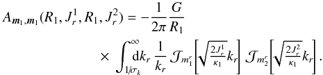 \appendix \setcounter{section}{2} \begin{eqnarray} A_{{\vec m}_{1} , {\vec m}_{1}} && (R_{1} , J_{r}^{1} , R_{1} , J_{r}^{2}) = - \frac{1}{2 \pi} \frac{G}{R_{1}} \nonumber \\ && \qquad \qquad\times \, \int_{1\!/\! \sigma_{k}}^{\infty} \!\!\!\!\! \mathrm{d} k_{r} \, \frac{1}{k_{r}} \, \mathcal{J}_{m_{1}^{r}} \!\left[\!\! \sqrt{\tfrac{2 J_{r}^{1}}{\kappa_{1}}} k_{r} \!\right] \, \mathcal{J}_{m_{2}^{r}} \!\left[\!\! \sqrt{\tfrac{2 J_{r}^{2}}{\kappa_{1}}} k_{r} \!\right] . \label{expression_Am1_m2_WKB} \end{eqnarray}