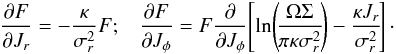 \appendix \setcounter{section}{3} \begin{eqnarray} \frac{\partial F}{\partial J_{r}} = - \frac{\kappa}{\sigma_{r}^{2}} F ; \;\;\; \frac{\partial F}{\partial J_{\phi}} = F \frac{\partial }{\partial J_{\phi}} \!\left[ \ln \!\left(\! \frac{\Omega \Sigma}{\pi \kappa \sigma_{r}^{2}} \!\right) - \frac{\kappa J_{r}}{\sigma_{r}^{2}} \!\right] \cdot \label{explicit_gradients_DF} \end{eqnarray}