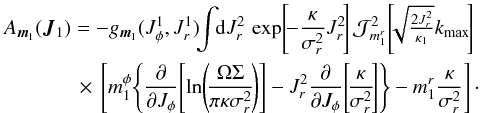 \appendix \setcounter{section}{3} \begin{eqnarray} A_{{\vec m}_{1}} ({\vec J}_{1}) &=& - g_{{\vec m}_{1}} (J_{\phi}^{1} , J_{r}^{1}) \!\! \int \!\! \mathrm{d} J_{r}^{2} \, \exp \!\left[\! - \frac{\kappa}{\sigma_{r}^{2}} J_{r}^{2} \!\right] \mathcal{J}_{m_{1}^{r}}^{2} \!\left[\!\! \sqrt{\tfrac{2 J_{r}^{2}}{\kappa_{1}}} k_{\rm max} \!\right] \, \nonumber \\ &&\, \times \, \left[ m_{1}^{\phi} \!\left\{ \frac{\partial }{\partial J_{\phi}} \!\left[ \ln \!\left(\! \frac{\Omega \Sigma}{\pi \kappa \sigma_{r}^{2}} \!\right) \right] - J_{r}^{2} \frac{\partial }{\partial J_{\phi}} \!\left[\! \frac{\kappa}{\sigma_{r}^{2}} \!\right] \right\} - m_{1}^{r} \frac{\kappa}{\sigma_{r}^{2}} \right] \cdot \label{explicit_WKB_drift} \end{eqnarray}