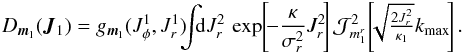 \appendix \setcounter{section}{3} \begin{eqnarray} D_{{\vec m}_{1}} ({\vec J}_{1}) = g_{{\vec m}_{1}} (J_{\phi}^{1} , J_{r}^{1}) \!\!\! \int \!\!\! \mathrm{d} J_{r}^{2} \, \exp \!\left[\! - \frac{\kappa}{\sigma_{r}^{2}} J_{r}^{2} \!\right] \mathcal{J}_{m_{1}^{r}}^{2} \!\left[\!\! \sqrt{\tfrac{2 J_{r}^{2}}{\kappa_{1}}} k_{\rm max} \!\right] . \label{explicit_WKB_diff} \end{eqnarray}