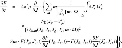 \appendix \setcounter{section}{4} \begin{eqnarray} \frac{\partial F}{\partial t}&=& \, 4\pi^{3} \mu \, \frac{\partial}{\partial {\vec J}} \cdot \Biggl\lbrace \sum_{{\vec m}}{\vec m}\frac{1}{\left| \frac{\partial }{\partial J_{\phi}} [{\vec m} \cdot {\vec \Omega}] \right|_{J_{\phi}}} \!\! \int \!\! \mathrm{d} J_{r}' \mathrm{d}J_{\phi}' \nonumber \\ & & \,\times \frac{\delta_{\rm D} (J_{\phi} - J_{\phi}')}{|\mathcal{D}_{{\vec m}, {\vec m}} (J_{\phi}, J_{r}, J_{\phi}', J_{r}', {\vec m} \cdot {\vec \Omega}) |^{2}}\nonumber\\ &&\!\!\!\!\!\!\!\!\!\!\!\!\! \times {\vec m} \cdot \! \Biggl\lbrack \! F (J_{\phi}' , J_{r}',t) \frac{\partial F}{\partial {\vec J}} (J_{\phi}, J_{r},t) \! - \! F (J_{\phi} , J_{r},t) \frac{\partial F}{\partial {\vec J}} (J_{\phi}', J_{r}',t)\!\Biggr\rbrack\Biggr\rbrace . \label{comp1} \end{eqnarray}