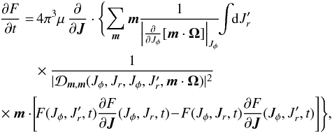 \appendix \setcounter{section}{4} \begin{eqnarray} \frac{\partial F}{\partial t}&= & \, 4\pi^3 \mu \, \frac{\partial}{\partial {\vec J}} \cdot \Biggl\lbrace \sum_{{\vec m}}{\vec m} \frac{1}{\left| \frac{\partial }{\partial J_{\phi}} [{\vec m} \cdot {\vec \Omega}] \right|_{J_{\phi}}} \!\! \int \!\! \mathrm{d} J_{r}' \nonumber \\ & &\times \frac{1}{|\mathcal{D}_{{\vec m}, {\vec m}} (J_{\phi}, J_{r}, J_{\phi}, J_{r}', {\vec m} \cdot {\vec \Omega}) |^{2}} \nonumber \\ &&\!\!\!\!\!\!\!\!\!\! \!\!\!\!\!\times {\vec m} \cdot \! \Biggl\lbrack \! F (J_{\phi}, J_{r}',t) \frac{\partial F}{\partial {\vec J}} (J_{\phi}, J_{r},t) \! -\! F (J_{\phi} , J_{r},t) \frac{\partial F}{\partial {\vec J}} (J_{\phi}, J_{r}',t)\Biggr\rbrack\Biggr\rbrace , \label{comp2} \end{eqnarray}