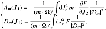 \appendix \setcounter{section}{5} \begin{eqnarray} \begin{cases} \displaystyle A_{{\vec m}} ({\vec J}_{1}) = - \frac{1}{({\vec m} \cdot {\vec \Omega})'} \!\! \int \!\! \mathrm{d} J_{r}^{2} \, {\vec m} \cdot \frac{\partial F}{\partial {\vec J}_{2}} \frac{1}{|\mathcal{D}_{{\vec m}}|^{2}} ,\\ \displaystyle D_{{\vec m}} ({\vec J}_{1}) = \frac{1}{({\vec m} \cdot {\vec \Omega})'} \!\! \int \!\! \mathrm{d} J_{r}^{2} \, F \frac{1}{| \mathcal{D}_{{\vec m}} |^{2}} , \end{cases} \label{shortened_drift_diffusion} \end{eqnarray}