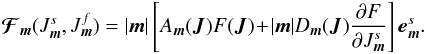 \begin{eqnarray} {\vec{\mathcal F}}_{{\vec m}} (J_{{\vec m}}^{s} , J_{{\vec m}}^{f}) = |{\vec m}| \left[ A_{{\vec m}}({\vec J}) F ({\vec J}) \!+\! |{\vec m}| D_{{\vec m}} ({\vec J}) \frac{\partial F}{\partial J_{{\vec m}}^{s}} \right] {\vec e}_{{\vec m}}^{s} . \label{Flux_m_fast_slow} \end{eqnarray}