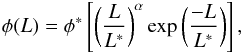 \begin{eqnarray} \phi(L)=\phi^\ast \left[\left(\frac{L}{L^\ast}\right)^{\alpha} \exp \left(\frac{-L}{L^\ast}\right)\right] , \end{eqnarray}