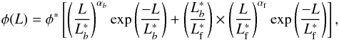 \begin{eqnarray} \phi(L)=\phi^\ast \left[\left(\frac{L}{L_b^\ast}\right)^{\alpha_b} \exp \left(\frac{-L}{L_b^\ast}\right)+\left(\frac{L_b^\ast}{L_{\rm f}^\ast}\right)\times\left(\frac{L}{L_{\rm f}^\ast}\right)^{\alpha_{\rm f}} \exp\left(\frac{-L}{L_{\rm f}^\ast}\right)\right] , \end{eqnarray}