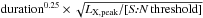 \hbox{${\rm duration^{0.25}} \times \sqrt{L_\mathrm{X,peak}/ [\textit{S:N}\ {\rm threshold]}} $}
