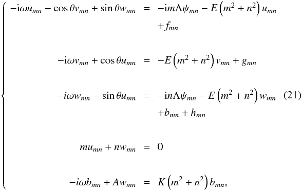 \begin{eqnarray} \left\{\! \begin{array}{rcl} - {\rm i}\omega u_{mn} - \cos \theta v_{mn} + \sin \theta w_{mn} & \!\!\!\!\!\!=\!\!\!\!\!\! & - {\rm i} m \Lambda \psi_{mn} - E \left( m^2 + n^2 \right)u_{mn} \\[1mm] & & + f_{mn}\\[1mm] \vspace{0.1mm}\\ \end{array} \right. \label{systeme_eq}\!\! \end{eqnarray}