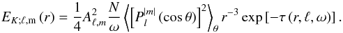 \appendix \setcounter{section}{2} \begin{equation} E_{K;\ell,\rm m}\left(r\right)=\frac{1}{4}A_{\ell,m}^2\frac{N}{\omega}\left<\left[P_{l}^{\vert m\vert}\left(\cos\theta\right) \right]^2 \right>_ {\theta} r^{-3}\exp\left[-{\tau\left(r,\ell,\omega\right)}\right]. \label{eq:kinE} \end{equation}