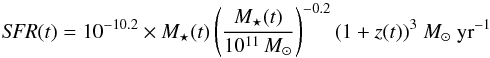 \begin{equation} {\textit{SFR}(t)} = 10^{-10.2} \times {M}_\star(t) \left ( \frac{{M}_\star(t)}{10^{11}\, {M}_\odot}\right)^{-0.2} (1+z(t))^3~{M}_{\odot}~\textrm{yr}^{-1} \end{equation}