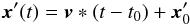 \begin{equation} \label{eq:meteor_trajectory} {\vec x^{\prime}} (t) = \vec{v}\ast (t -t_{0}) + \vec{x}^{\prime}_{0} \end{equation}