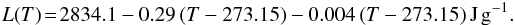 \begin{eqnarray} \label{E:latent} L (T) \!=\! 2834.1 -0.29\,({T}-273.15)-0.004\,({T}-273.15)\,\text{J\,g}^{ -1}. \end{eqnarray}