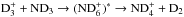 \hbox{${\rm D_3^+} + {\rm ND_3} \rightarrow ({\rm ND_6^+})^* \rightarrow {\rm ND_4^+} + {\rm D_2}$}