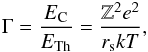 \appendix \setcounter{section}{1} \begin{eqnarray} \Gamma = \frac{E_{\mathrm{C}}}{E_{\mathrm{Th}}} = \frac{\Zc^2 e^2}{r_{\mathrm{s}}kT}, \end{eqnarray}