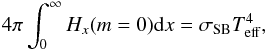 \begin{eqnarray} 4\pi \int_0^{\infty} H_x(m=0) \mathrm{d}x = \sigma_{\mathrm{SB}}\teff^4, \end{eqnarray}
