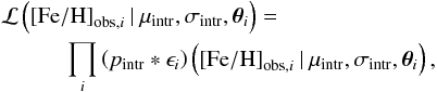 \begin{eqnarray} \label{eq:likelihood} \begin{split} \likelihood&\left(\FeHobsi\given\muintr,\sigintr,\param_i\right) = \\ &\quad \quad\prod_{i} \left(p_\mathrm{intr}\ast\epsilon_i\right)\left(\FeHobsi\given\muintr,\sigintr,\param_i\right), \end{split} \end{eqnarray}