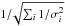\hbox{$1/\!\sqrt{\sum_i 1/\sigma_i^2}$}
