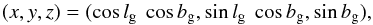 \appendix \setcounter{section}{1} \begin{equation} (x, y, z) = (\cos l_{\rm g} \ \cos b_{\rm g}, \sin l_{\rm g} \ \cos b_{\rm g}, \sin b_{\rm g}) , \label{gal} \end{equation}