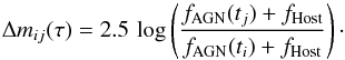 \begin{equation} \label{eq:sun} \Delta m_{ij}(\tau) =2.5\, \log\left( \frac{f_{\rm AGN}(t_j) + f_{\rm Host}}{f_{\rm AGN}(t_i) + f_{\rm Host}} \right) \cdot \end{equation}