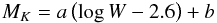 \begin{equation} \label{tfr_relation} M_{{K}}=a\left(\log W-2.6\right)+b \end{equation}