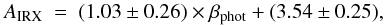 \begin{equation} A_{\rm IRX}~=~(1.03 \pm 0.26) \times \beta_{\rm phot} + (3.54 \pm 0.25), \end{equation}