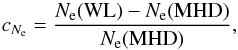 \begin{equation} \label{contrastn} c_{N_{\rm e}}=\frac{N_{\rm e}({\rm WL})-N_{\rm e}({\rm MHD})}{N_{\rm e}({\rm MHD})}, \end{equation}