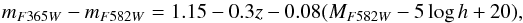 \begin{equation} m_{F365W}-m_{F582W} = 1.15 - 0.3 z - 0.08 (M_{F582W} - 5 \log h + 20), \label{eq:rs} \end{equation}