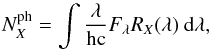 \begin{equation} N_{X}^\mathrm{ph} = \int \frac{\lambda}{\mathrm{hc}} F_{\lambda} R_X(\lambda) \: {\mathrm{d}}\lambda, \label{eq:nph} \end{equation}