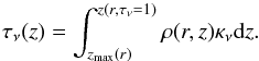\appendix \setcounter{section}{2} \begin{equation} \label{(11)} \centering \tau_{\nu}(z)=\int_{z_\mathrm{max}(r)}^{z(r,\tau_{\nu}=1)}\rho(r,z)\kappa_{\nu}{\rm d}z . \end{equation}
