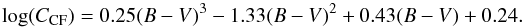 \begin{equation} \label{eq_5} \log(C_{\rm CF}) = 0.25(B - V)^3 - 1.33(B - V)^2 + 0.43(B - V) + 0.24. \end{equation}