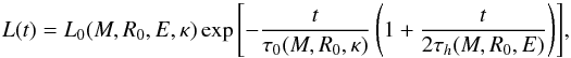 \appendix \setcounter{section}{1} \begin{equation} \label{equation:luminosity_Arnett} L(t) = L_0(M,R_0,E,\kappa)\exp{\left[-\frac{t}{\tau_0(M,R_0,\kappa)}\left(1 + \frac{t}{{2 \tau_h(M,R_0,E)}}\right)\right]} , \end{equation}