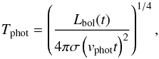 \appendix \setcounter{section}{1} \begin{equation} T_{\mathrm{phot}} = \left(\frac{L_{\mathrm{bol}}(t)}{4\pi \sigma \left(v_{\mathrm{phot}}t\right)^2}\right)^{1/4} , \end{equation}
