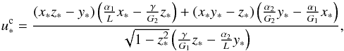 \begin{equation} \uoc = \frac{(x_* z_* - y_*) \left(\frac{\alpha_1}{L} x_* -\frac{\gamma}{G_2} z_* \right) + (x_* y_* - z_*) \left(\frac{\alpha_2}{G_2} y_* - \frac{\alpha_1}{G_1} x_* \right) }{\sqrt{1-z_*^2} \left(\frac{\gamma}{G_1} z_* - \frac{\alpha_2}{L} y_* \right)} , \label{141230z} \end{equation}