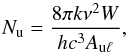 \begin{equation} N_{\rm u}=\frac{8\pi k \nu^2 W}{h c^3 A_{\rm u\ell}}, \end{equation}